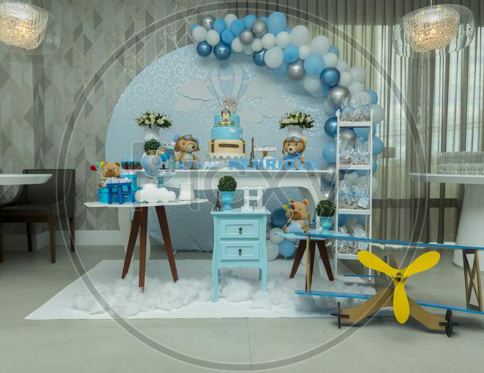 Boy'S Birthday Party With Bluish Pastel Colors Decoration.