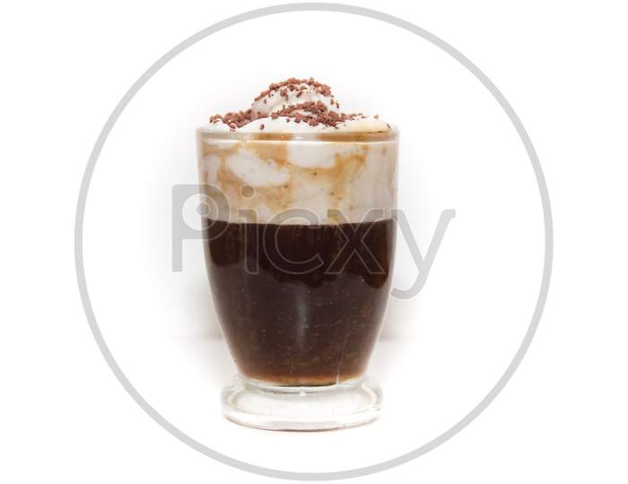 Espresso Irish Coffee With Cream And Chocolate On White Background
