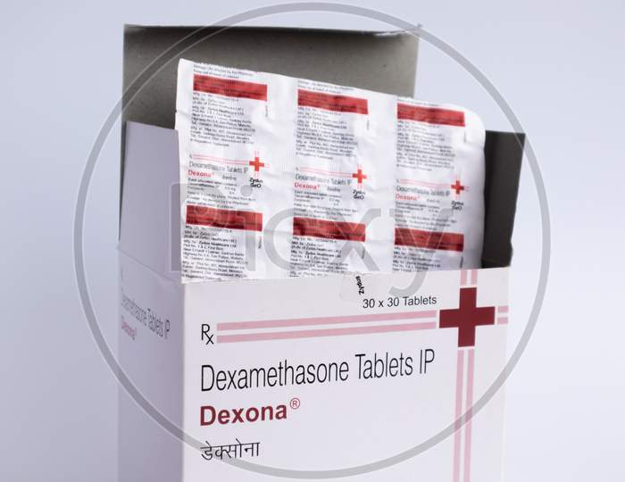 Maski, India - June 06,2020 : dexamethasone steroid drug or Tablets on Isolated background.