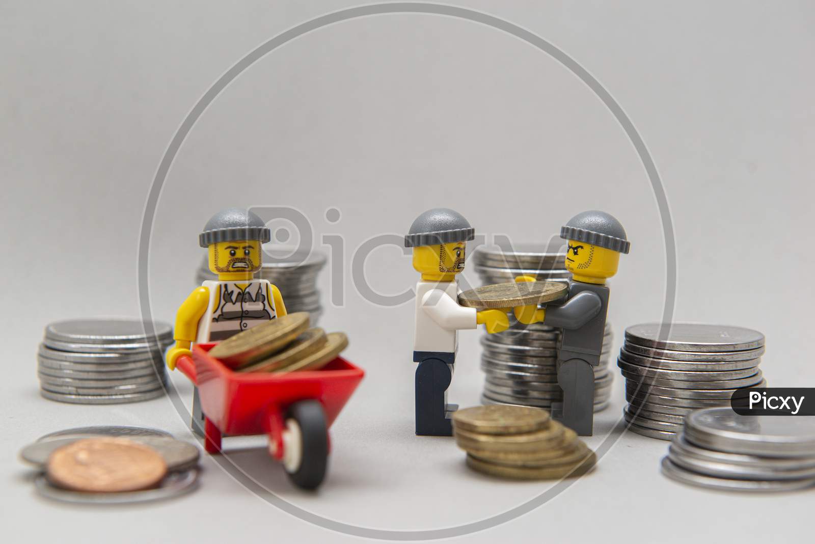 Minifigures Of Bank Robbers Stealing Money. Thieves Carrying Coins