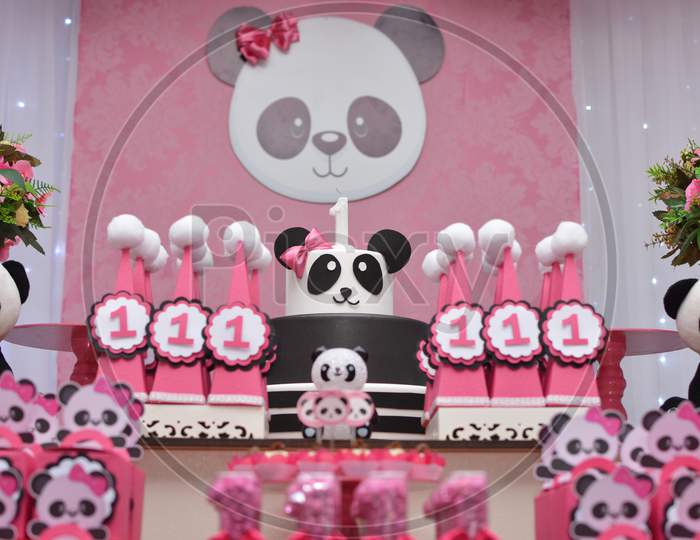 Girl Party Decorated With Panda Theme - Table Of Sweets.