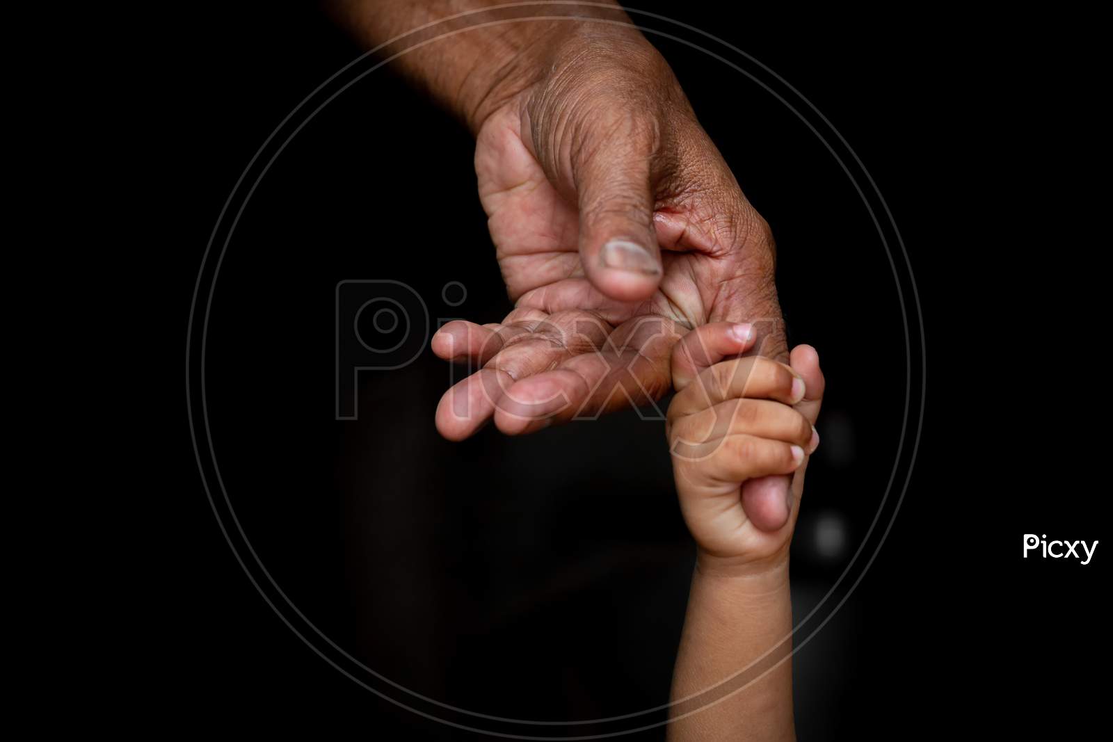 A Baby'S Hands Holding Tightly A Senior Man'S Old Age Finger. Family, Generation, Support And People Concept. Dark Background.