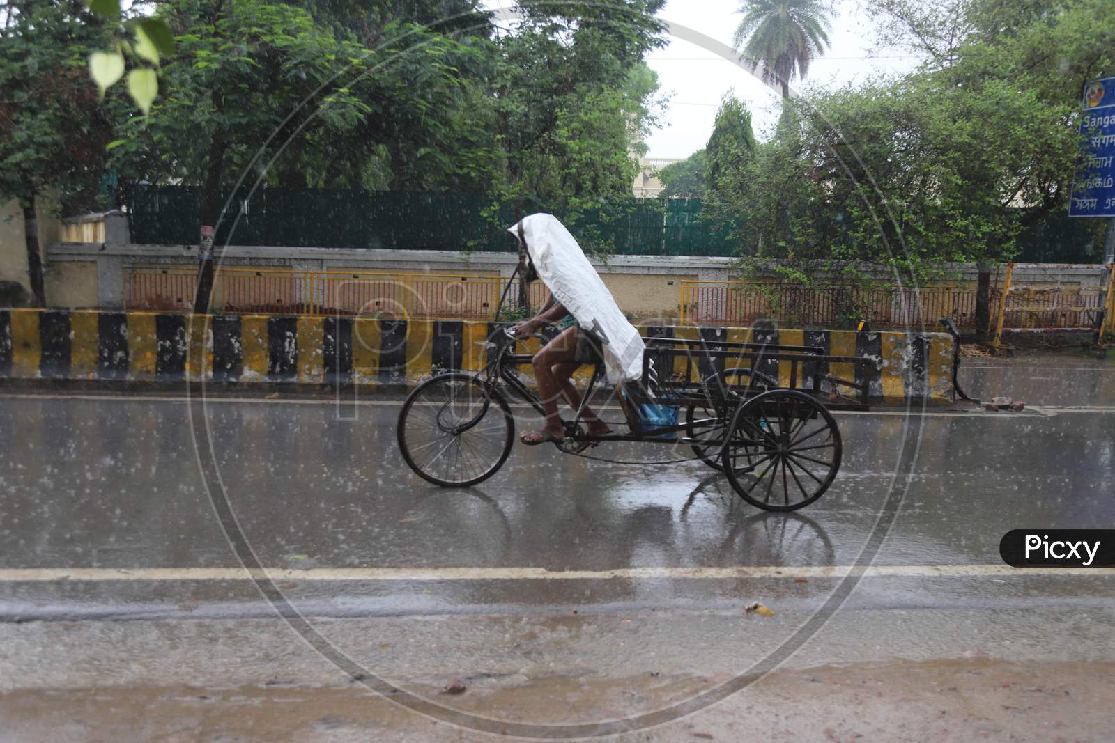 A Man Pedals his Rickshaw On The Road During a Heavy Pre Monsoon Rain In Prayagraj, June 17, 2020.