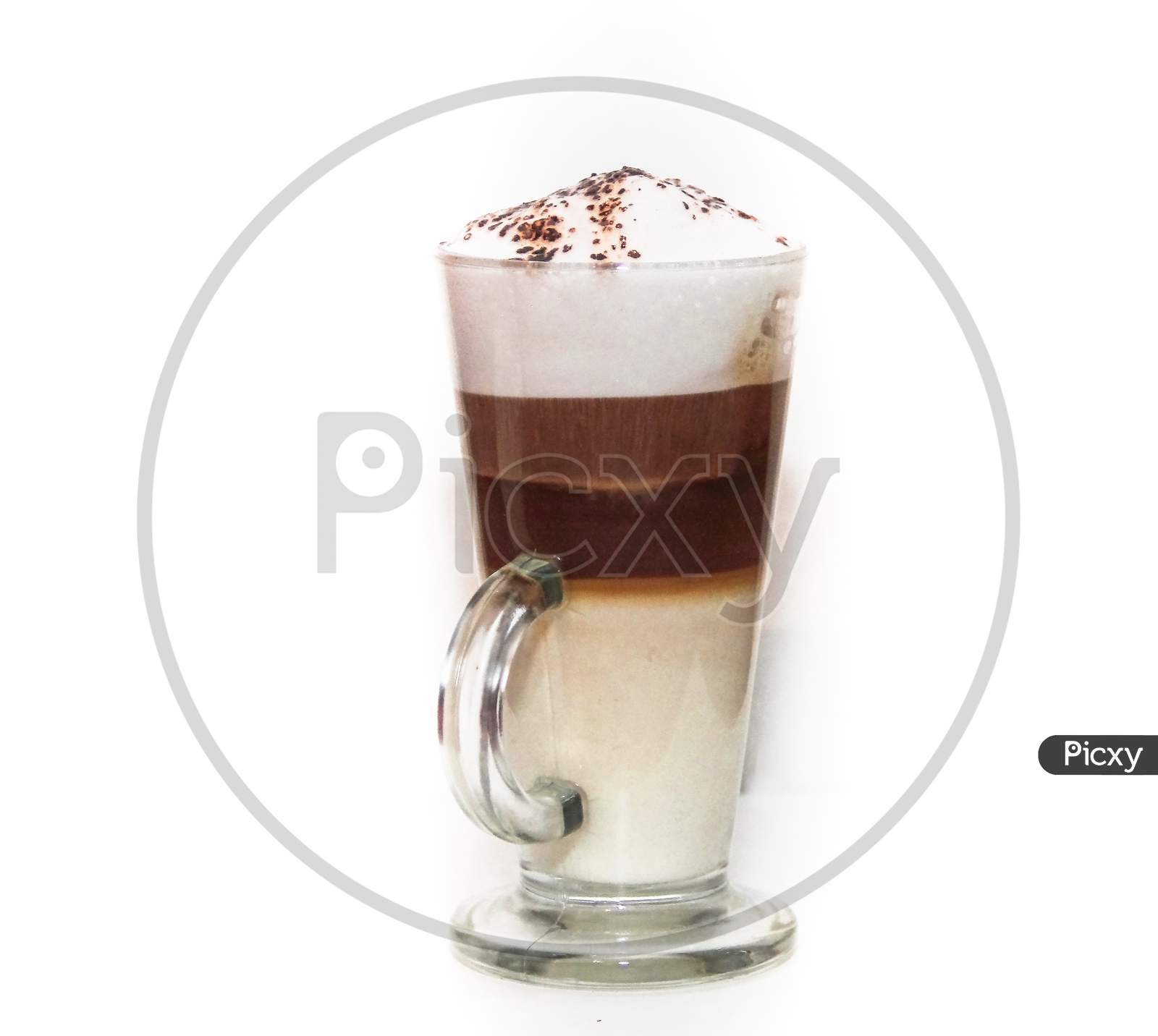 Cappuccino In Tall Glass On White Background