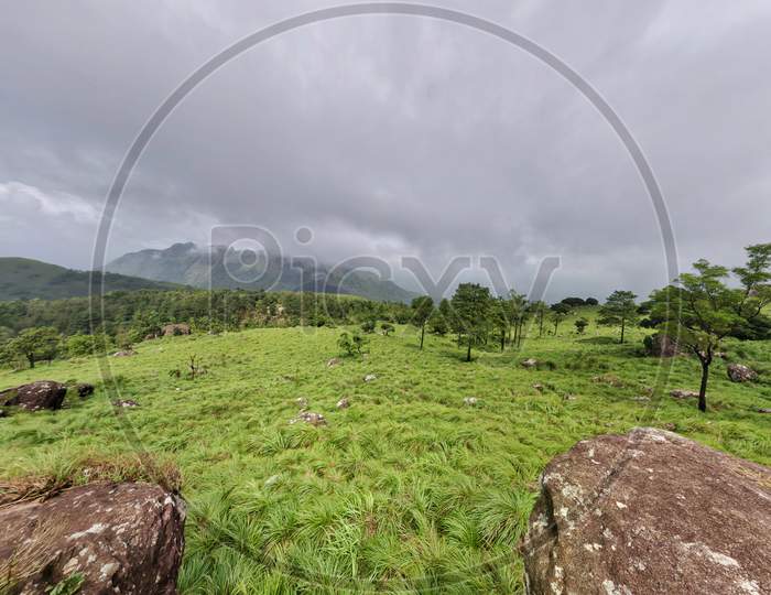 A Sceneic Veiw Of Meadow Filled With Grass, Rocks And Trees On A Mountain With Fog On Background. Wide Angle Shot. Ponmudi, Kerala, India.