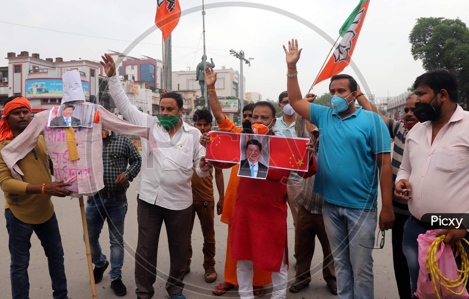 Supporters Of Bharatiya Jayanta Party (Bjp) Burn Posters and Effigy Of Chinese President Xi Jinping During A Protest Against China after a violent face-off between Indian Army and Chinese PLA , In Prayagraj, June 17, 2020.