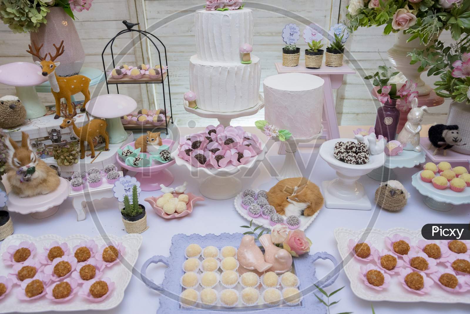 Details Of Luxurious Table Of Sweets And Birthday Cake