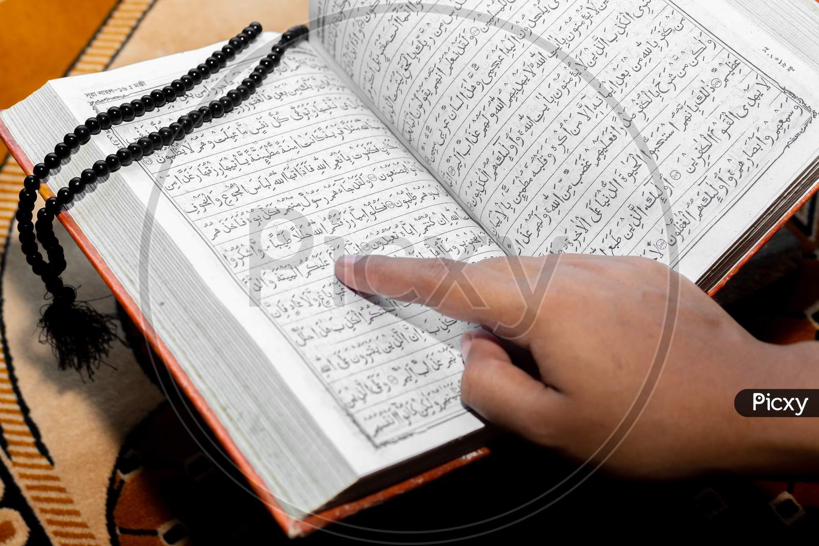 Muslim Woman Reading The Holy Quran Using The Finger. The Holy Quran On The Mat Of Prayers . Close-Up Views. Indoors. Focus On Hands.