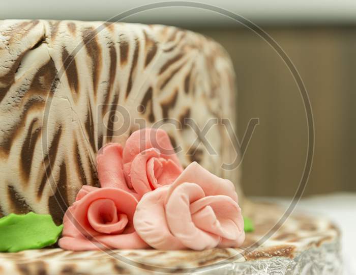 Closeup Of Marbled Birthday Cake Of White And Dark Chocolate.