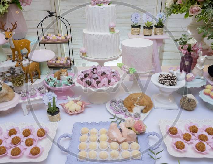 Details Of Luxurious Table Of Sweets And Birthday Cake