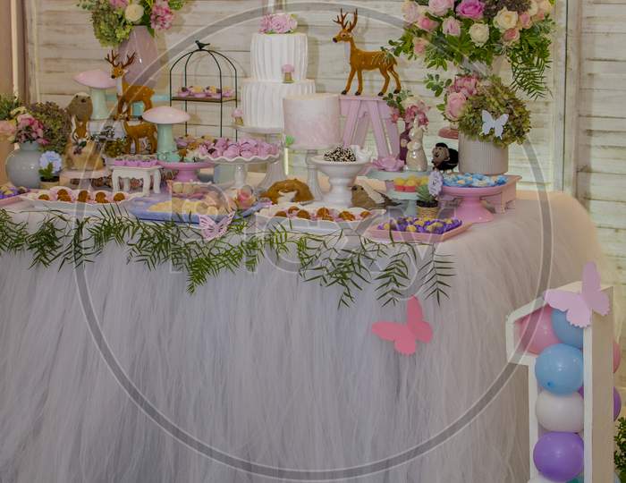 Luxurious Table Of Sweets And Birthday Cake