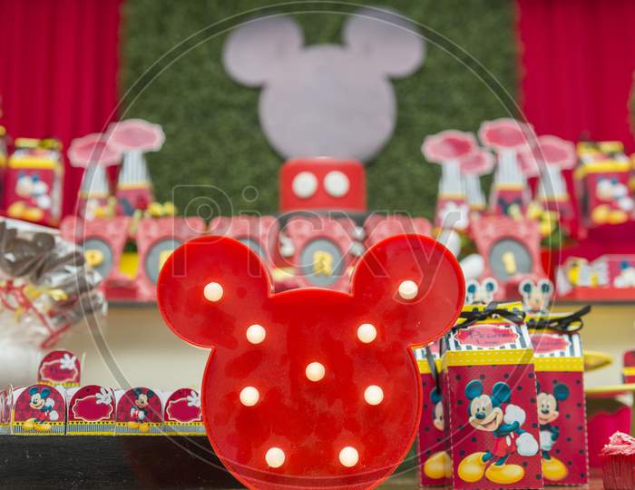 Birthday Reception. Sweet Table Decorated With Mickey Mouse Theme.