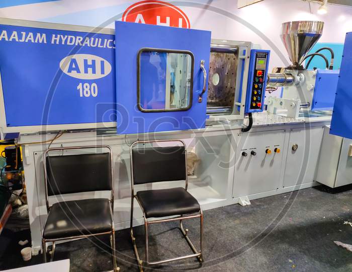 Plastic moulding machine shown in exhibition in Ludhiana Punjab India on 23-24 February 2020. Exhibition organize by Mach expo