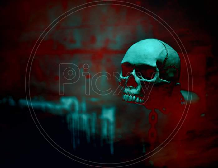 Skull Skeleton With Chain In Red Blood Background, Halloween'S Day Theme, Horror And Dark Film Tone, Scary And Screaming Concept, Ghost And Witch Concept. Poster For Holiday'S Festival Event.