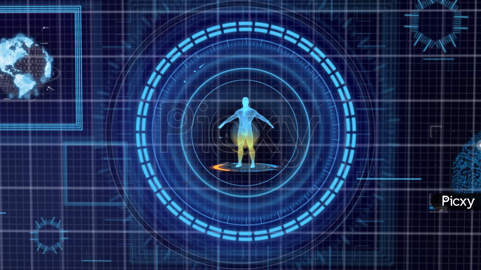 Futuristic Blue Hud Medicine Personal Data Screen Grid Display Background. Hologram Of Human Body And Organ. Health And Business Technology Concept. Digital Transformation. 3D Illustration Rendering