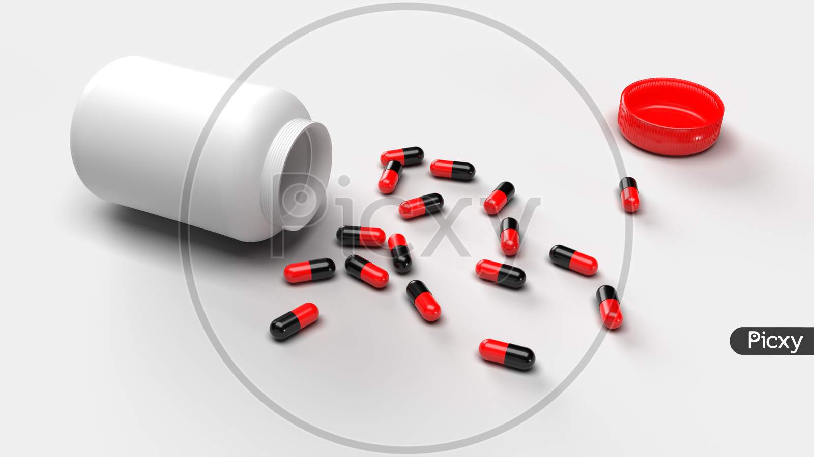 Group Of Pills Medicine Spill From Bottle On White Background. Medical Research And Pharmacy Concept. Drug Addiction. Health Care Prescription Treatment. Supple Food Vitamin. 3D Illustration Render