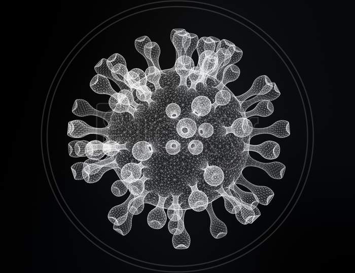 Close Up Glowing Influenza Virus On Black Background. Blue Abstract Plexus Wireframe Coronavirus. Science And Medical. Micro Nucleus Of Corona Virus Cell In Human Body. 3D Illustration Rendering