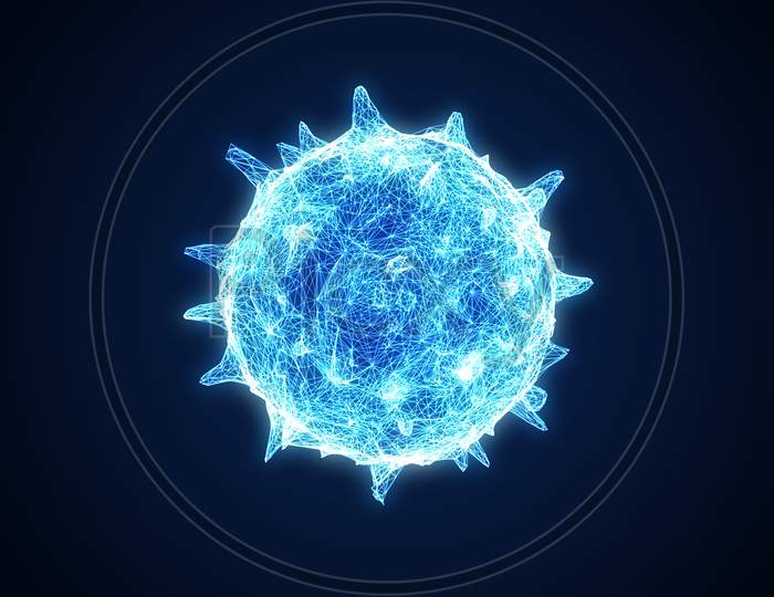 Close Up Glowing Influenza Virus On Dark Blue Background. Blue Abstract Plexus Wireframe Coronavirus. Science And Medical. Micro Nucleus Of Corona Virus Cell In Human Body. 3D Illustration Rendering