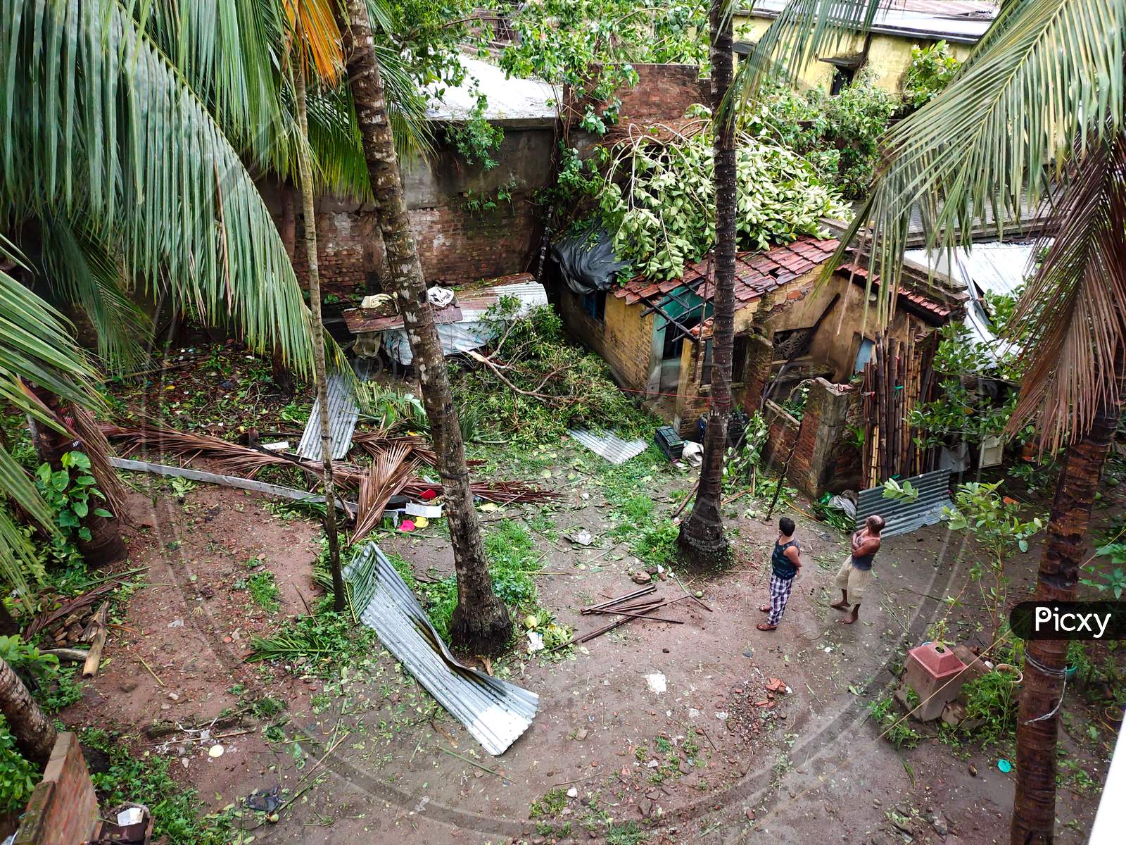 Gobardanga, West Bengal, India - May 21, 2020 : The subsequent damage of the Amphan cyclone. Two men see they're housebroken down due to Amphan cyclone. Trees branches fall over that house.