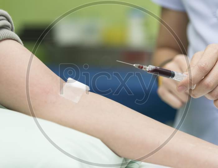 Blood Collect By Nurse In The Hospital, Blood Test Examination And Donate Concept. Hospital And Health Care Concept