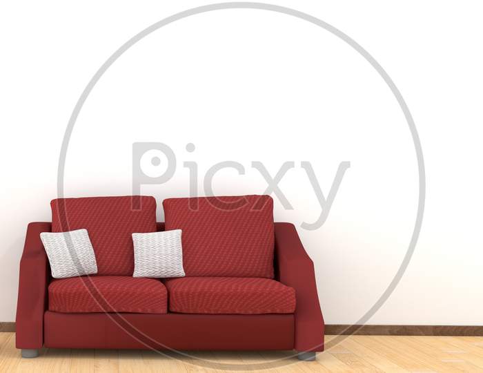 Modern Interior Design Of Living Room With Red Sofa On Wooden Floor. White Cushions And Lamp On Wooden Table Elements. Home And Living Concept. Lifestyle Theme. 3D Illustration Rendering.