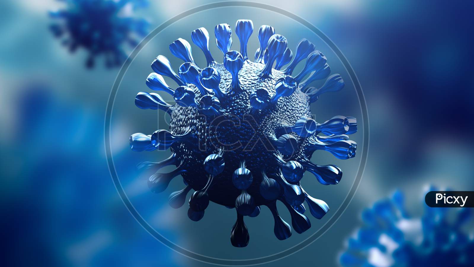 Super Closeup Coronavirus Covid-19 In Human Lung Body Background. Science Microbiology Concept. Blue Corona Virus Outbreak Epidemic. Medical Health Virology Infection Research. 3D Illustration