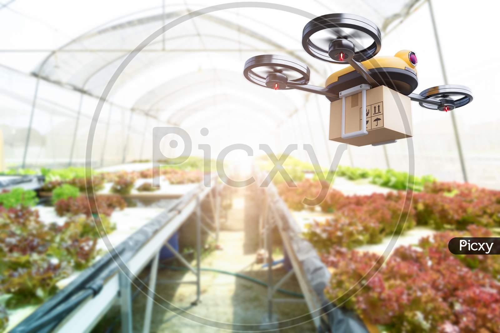 Hydroponics Vegetables Farming Drone At Indoors Modern Farm Background. Service For Delivery Shipping Healthy Organic Product And Goods To Customer. Business And Farming Innovative Technology Gadget