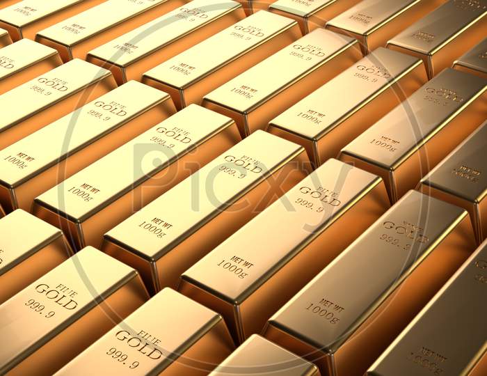 Closeup Shiny Gold Bar Arrangement In A Row. Business Gold Future And Financial Concept. 3D Illustration Rendering. World Economics And Currency Exchange. Money Trade And Safe Haven Marketplace