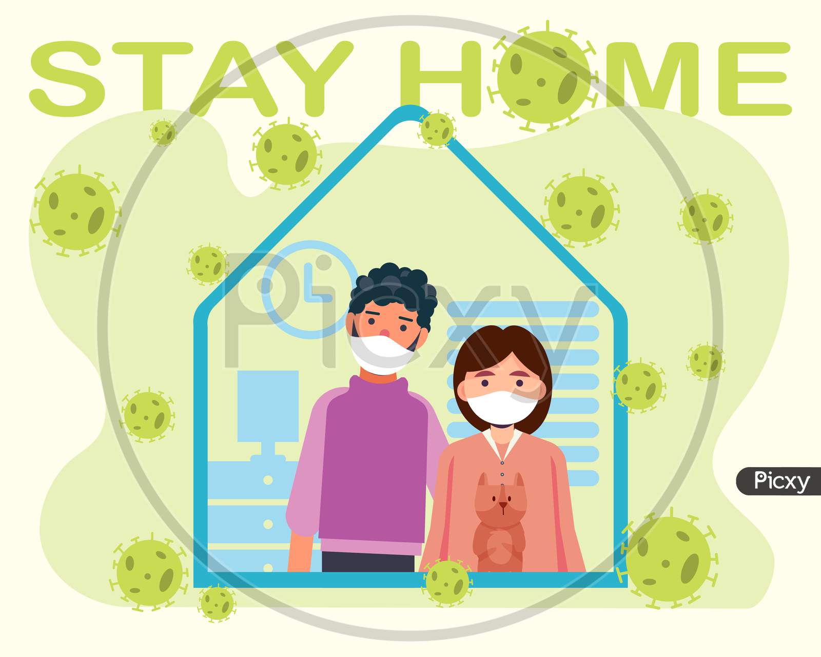 stay home in lock down and pandemic due to coronavirus cartoon illustration vector, family at home
