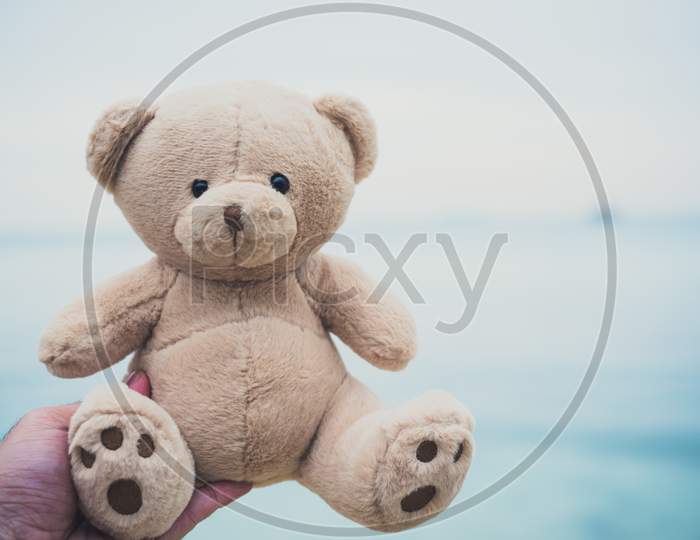 Bear Doll In Hands. Beach And Sea Background. Childhood And Past Memory Concept. Happiness And Lifestyle Concept. Toy And Soulmate Theme. Dark Ton Film Filter