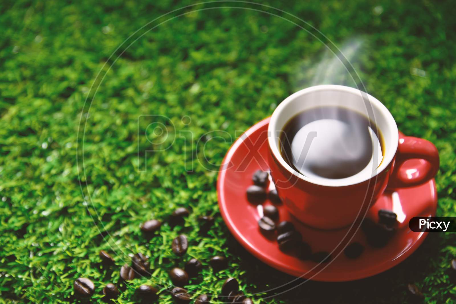 Red Coffee Cup On The Green Grass With Copy Space For Text Or Advertising, Drinking Concept, Love Concept, Relax Concept, Selective Focus On Edge Of Cup