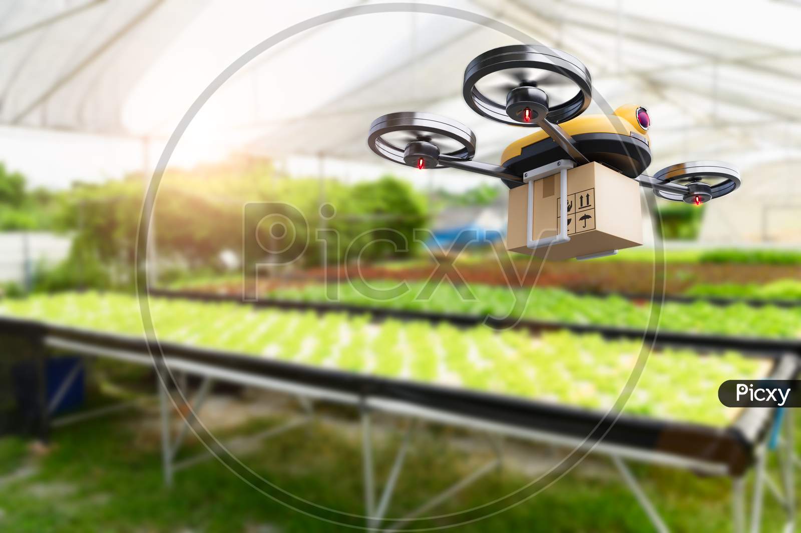 Hydroponics Vegetables Farming Drone At Indoors Modern Farm Background. Service For Delivery Shipping Healthy Organic Product And Goods To Customer. Business And Farming Innovative Technology Gadget