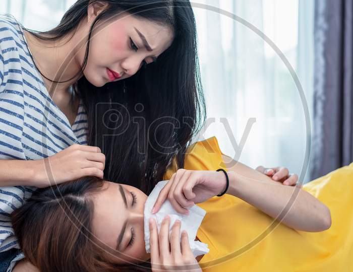 Asian Beauty Sad Girl Was Comforted By Sister Because Of Broken Heart From Boyfriend. People And Social Issues Problem Concept. Lifestyle And Friendships. Family And Relationship Theme. Negative Mood