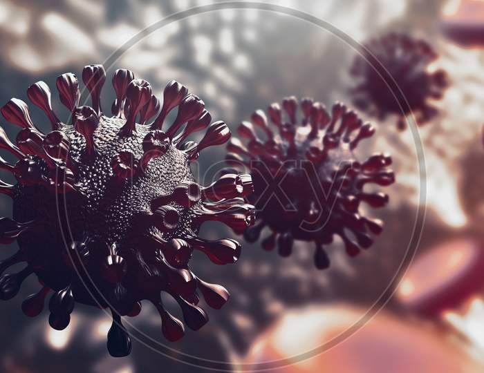 Closeup Covid-19 Coronavirus In Lung With Red Blood Cells Background. Science Microbiology Concept. Purple Corona Virus Outbreak Epidemic. Medical Health Virology Infection. 3D Illustration Render
