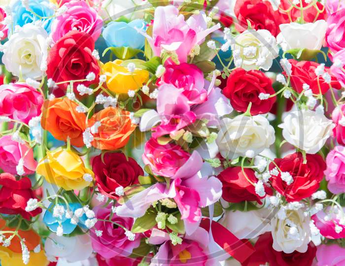 Beautiful Bunch Of Flowers. Colorful Flowers For Wedding And Congratulation Events. Flowers Of Greeting And Graduated Concept