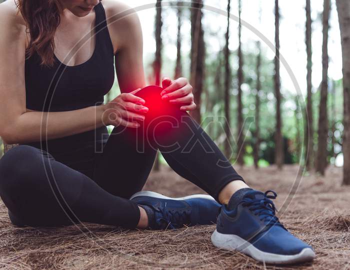 Sport Woman Injury At Knee During Jogging In Forest. Pine Woods Background.  Medical And Healthcare Concept. Nature And People Theme. Lifestyles Theme. Red Light Spot Use