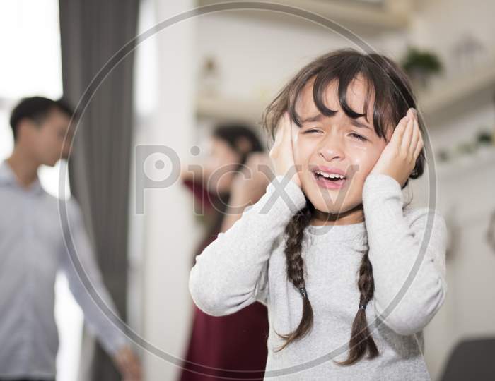 Little Girl Was Crying Because Dad And Mom Quarrel, Sad And Dramatic Scene, Family Issued, Children'S Rights Abused In Early Childhood Education And Social And Parrents Care Problem Concept