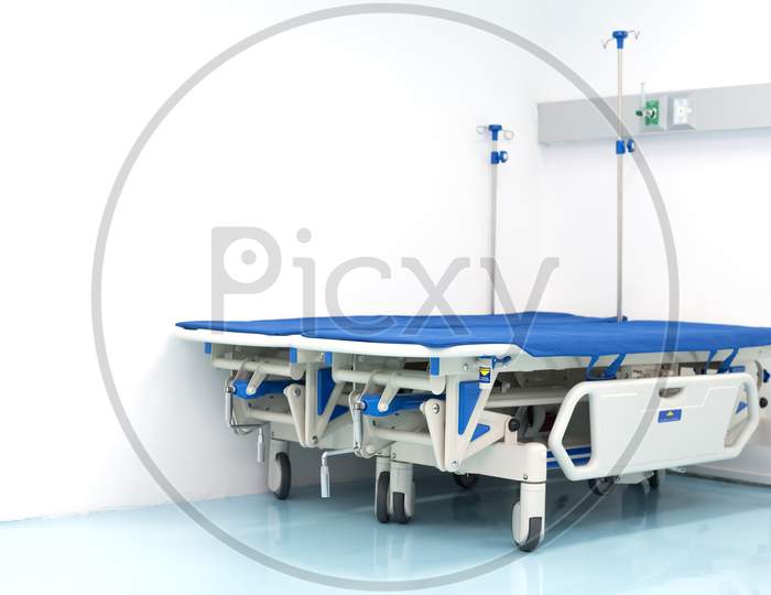 Two Hospital Bed On The Room Corner. Hospital And Emergency Room Concept