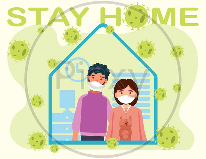 stay home in lock down and pandemic due to coronavirus cartoon illustration vector, family at home