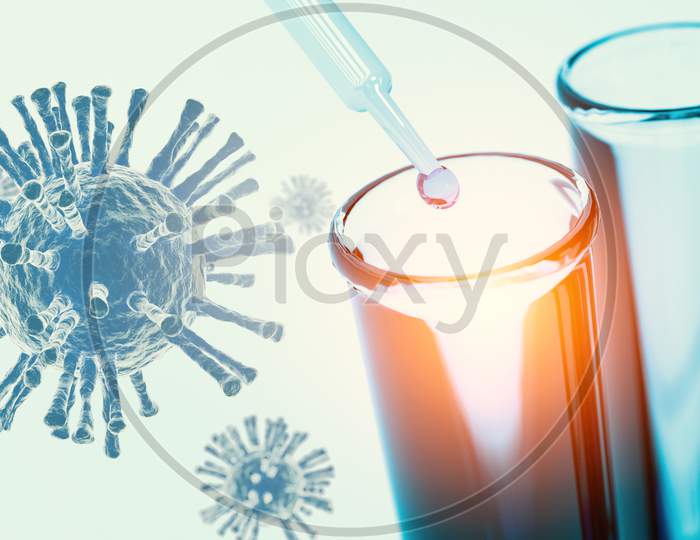 Close Up Pipette Dropping Blue Solution Sample Into Test Tube In Laboratory With Coronavirus Researching. Science Researching And Nanotechnology Biology Concept. Virus And Illness Treatment Background