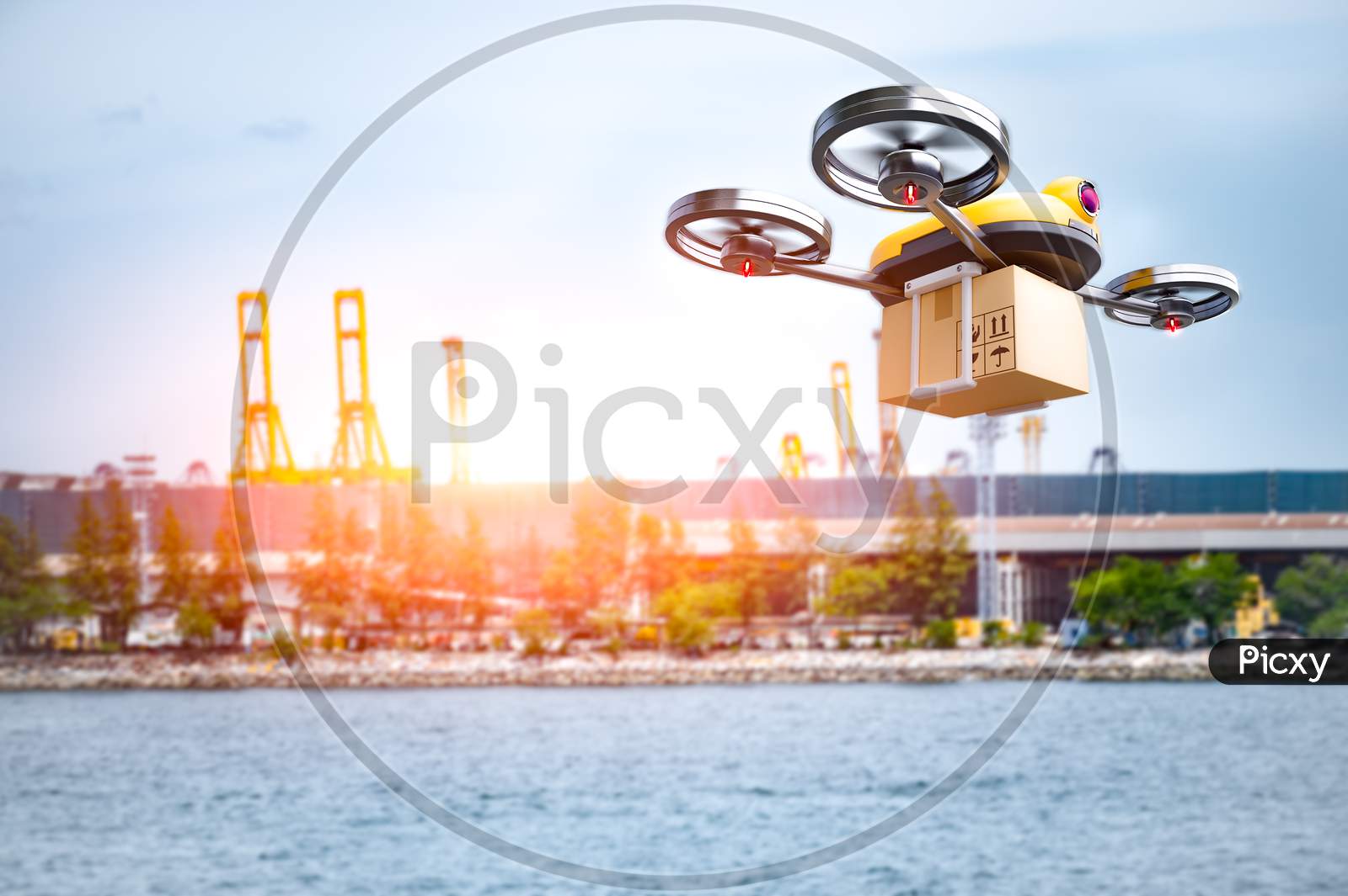 Delivery Drone Delivering Petrochemical Product From Oil Refinery For Shipping Fine And Crude Oil To Drilling Platforms Or Customer. Modern Innovative Technology And Security Gadget. Unmanned Drone
