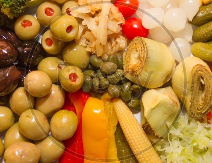 Background Pickles Of Assorted Vegetables Seen From Above