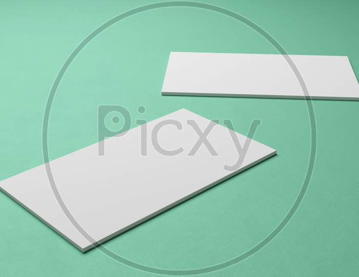 White Square Shape Business Card Mockup Stacking On Green Mint Pastel Color Table Background. Branding Presentation Template Print. 3.5 X 2 Inch Paper Size Cover. 3D Illustration Rendering