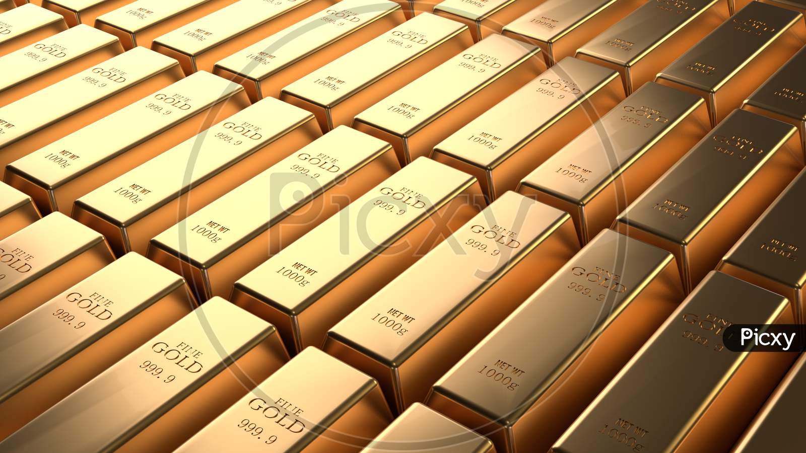 Closeup Shiny Gold Bar Arrangement In A Row. Business Gold Future And Financial Concept. 3D Illustration Rendering. World Economics And Currency Exchange. Money Trade And Safe Haven Marketplace