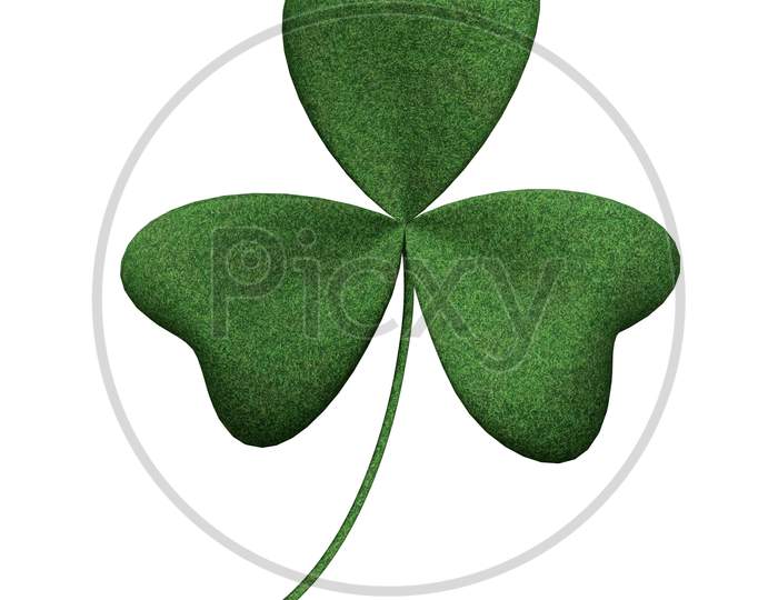 Green Shamrock On Isolated White Background. Object And Nature Concept. Saint Patrick Day Theme. 3D Illustration. Clipping Path Use