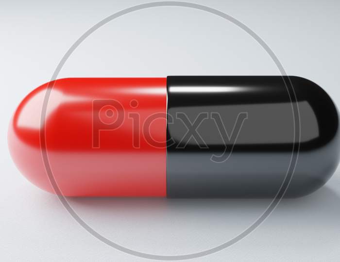 Closeup Antiretroviral Drugs Capsule On White Background. Medicine And Vaccine Concept. Medical Science Healthcare. Antibiotic Immunity Researching. Red Black Color. 3D Illustration Render
