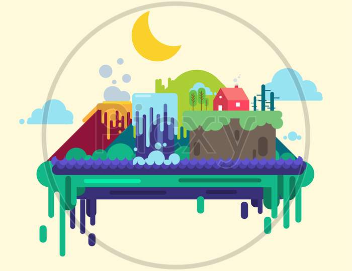 Landscape Abstract Illustration Background Vector With Trees, Hut, Volcano, Water Body, Clouds, Mountains, Etc.