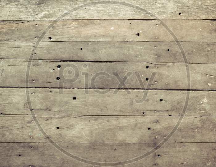 Closeup Of Old Brown Wooden Plank Texture Background. Wallpaper Backdrop. Abstract Wood Floor And Wall Structure. Top View Angle. Horizontal Pattern