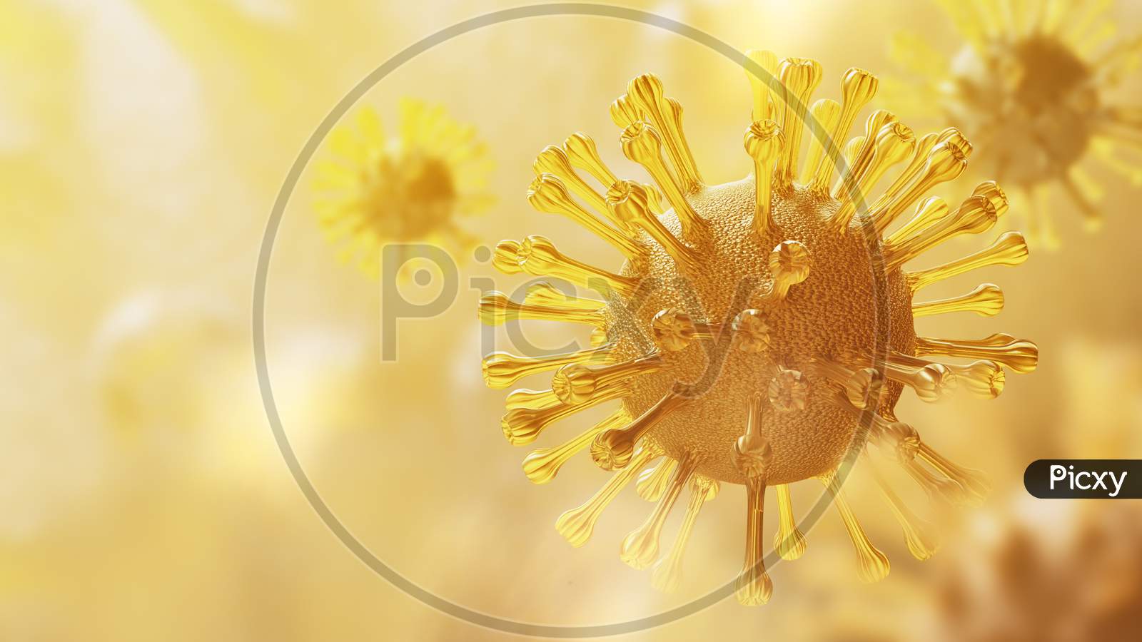 Super Closeup Coronavirus Covid-19 In Human Lung Body Background. Science Microbiology Concept. Yellow Corona Virus Outbreak Epidemic. Medical Health Virology Infection Research. 3D Illustration
