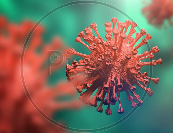 Super Closeup Coronavirus Covid-19 In Human Lung Body Green Background. Science Microbiology Concept. Red Corona Virus Outbreak Epidemic. Medical Health Virology Infection Research. 3D Illustration